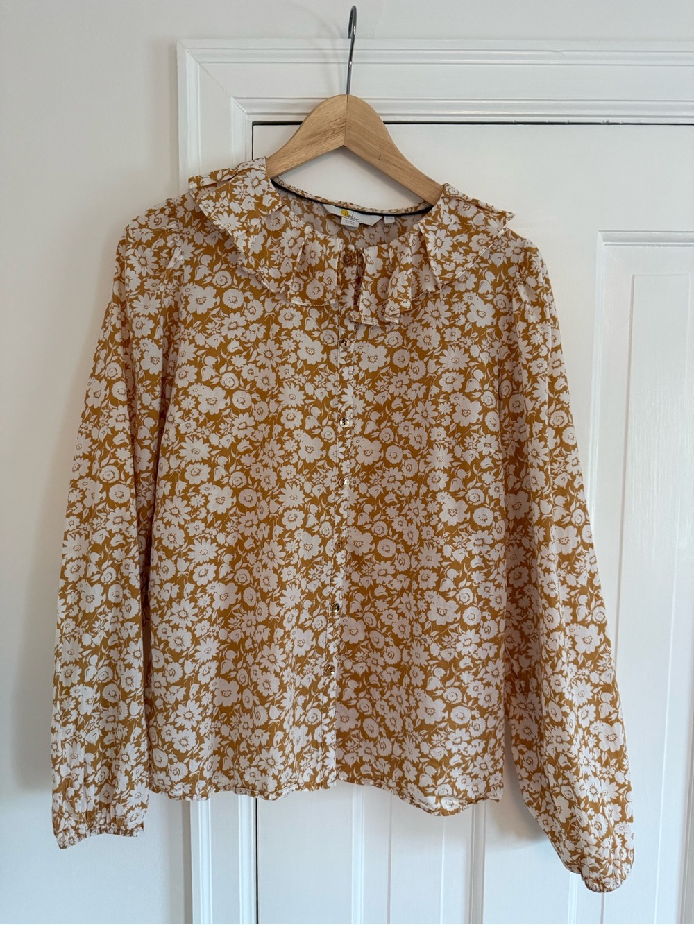 Boden Mustard and White Floral Ruffle-Neck Blouse